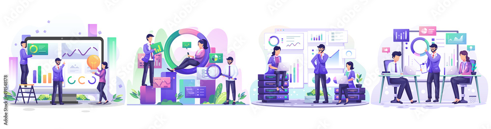 Wall mural set of business analysis concept, people working with charts and graphic data visualization. flat st