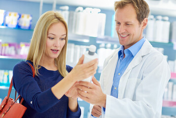 This is exactly what I needed. Shot of a clinician and customer standing in a cosmetics store.