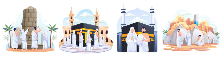 Set of Muslim couple is doing Islamic hajj pilgrimage. Flat style vector illustration