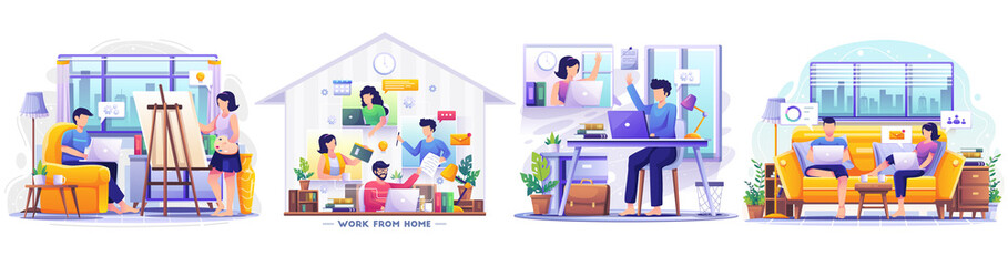 Fototapeta na wymiar Set of Work From Home concept. people remote working on laptop scene. self quarantine during pandemic. Flat style vector illustration