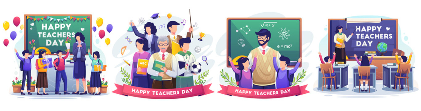 Set Of Happy Teacher's Day With Teacher And Students Celebrates Teacher's Day. Flat Style Vector Illustration