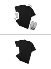 Black t shirt short sleeve with flat lay creative display concept isolated on plain background