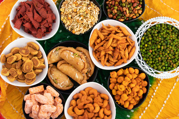 Holi Theme - Shahi Mithai Gujia Or Gujiya, Crispy Snacks Namkeen Also Called Nimki, Mathri, Matar, Kachori, Namkin, Chidwa, Mixture, Bhujia, Bhakharwadi Or Bakarwadi