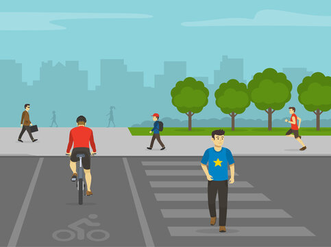 Pedestrian and cyclist crossing the shared road on pedestrian crossing marking. Shared-use path with crosswalk. City outdoor scene. Flat vector illustration template.