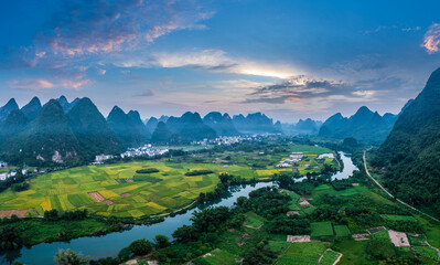Aerial view of beautiful mountain and water natural scenery in Guilin, China. Guilin is a world famous tourist resort. Here are the most widely distributed karst landforms in China.