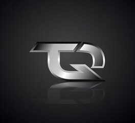 Modern Initial logo 2 letters Silver Metal Chrome simple in Dark Background with Shadow Reflection TQ