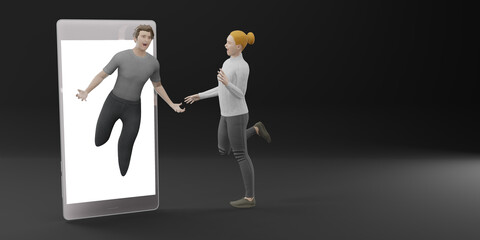 Man breaking out of smartphone talking to woman standing with phone smartphone 3d illustration