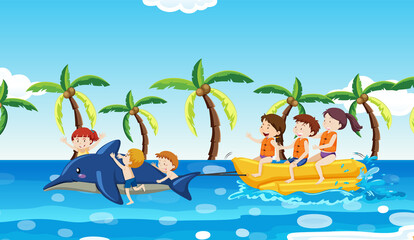 Fototapeta na wymiar Holiday kids tiding banana boat