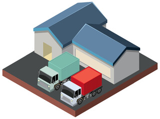 Isometric warehouse building with delivery truck