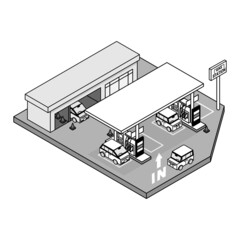 ガソリンスタンド　車　アイソメ　アイソメトリック　ガソリン