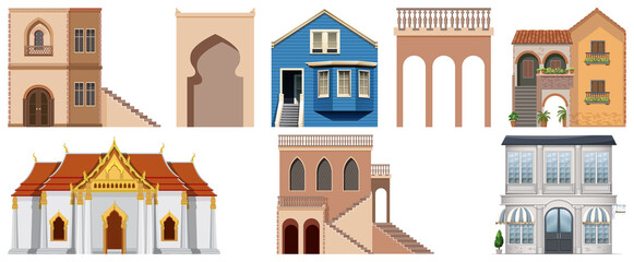 Different designs of buildings on white background