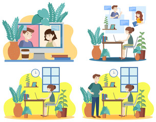 Four scenes of people working at home