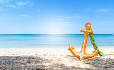 Colorful anchor on the beach, tropical holiday destination, outdoor day light, fun summer vacation