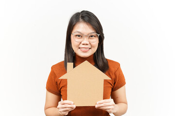 Fototapeta na wymiar Holding House Cutout Of Beautiful Asian Woman Isolated On White Background