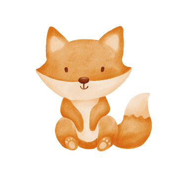 recommend clip art: Watercolor illustration fox. Cute baby fox isolated on white background.