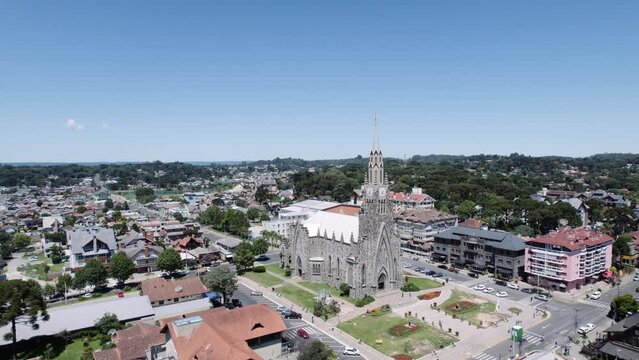 Aerial view of Canela, Rio Grande do Sul, Brazil. Church Matriz de Nossa Senhora de Lourdes.