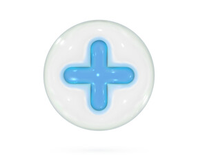 Fototapeta premium 3d cross icon. Blue plus glossy glass sign in white bubble. Vector render design element.