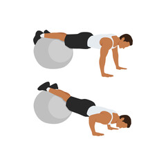 Man doing stability Swiss ball push up exercise. Flat vector illustration isolated on white background