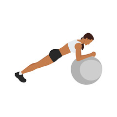 Fototapeta na wymiar Woman doing Swiss ball plank. abdominals exercise flat vector illustration isolated on white background
