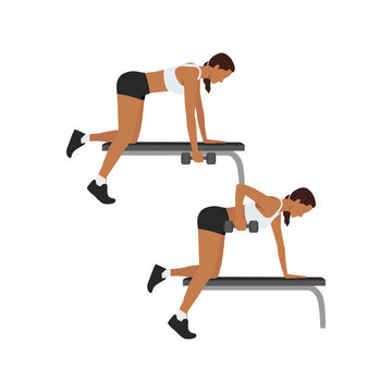 Woman doing Single arm bent over row exercise. Flat vector illustration isolated on white background. workout character set