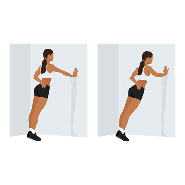 Woman doing Single arm wall push up exercise. Flat vector illustration isolated on white background. workout character set