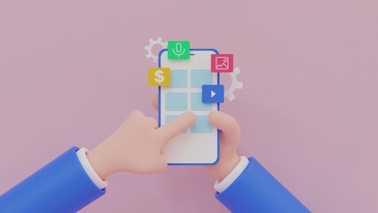 Mobile app development. Cartoon human hand holding smartphone with app icons. 3d render illustration.