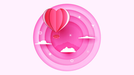 Abstract Sky Hearts Balloons 14 February Love Paper Cut Pink Background With Clouds And Stars Vector Design Style Nature