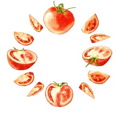 手描き水彩のトマトイラスト正方形フレーム・円