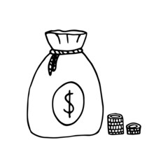 money bag and coins - banking concept. money hand drawn in doodle style. vector, line art, nordic, scandinavian, minimalism, monochrome. icon, sticker. bank, economics, business, finance.