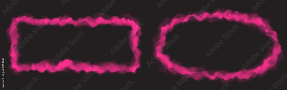 Wall mural pink smoke clouds frames isolated on black background. vector realistic set of rectangular and oval 