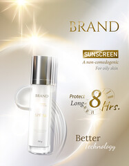 Sunscreen ads skin care and cosmetic on luxury golden theme beautiful gold white  light glitter decorations in 3d illustration.