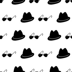 Detective, spy, mafia seamless pattern. Silhouette of black hat and sunglasses in a row on white background.