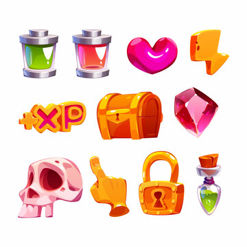 Game icons with heart, gem, lightning, batteries, gold treasure chest and skull. Vector cartoon set of symbols for mobile game gui, energy and xp signs, padlock, potion and pointing hand