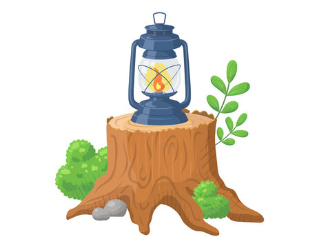 recommend clip art: 切り株にランタンを置いたイラスト　キャンプのイメージイラスト　白背景にベクターのクリップアート