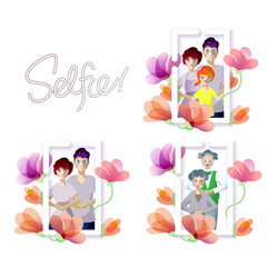 A family and a senior couple in a frame surrounded by flowers. "Selfie!” with tube-like style letters