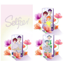 Family photo of three smiling people on a smartphone surrounded by flowers, senior couple and young couple in T-shirt. "Selfie!" with style letters like toothpaste tubes Hi, cheese!"