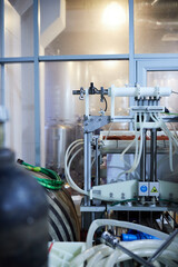 Equipment for the production of craft beer, a machine for bottling and capping bottles. Front view.