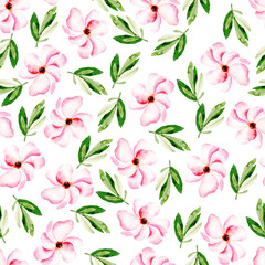 watercolor seamless pattern with pink flowers and green leaves on a white background for creating textures, backgrounds, packaging and textiles