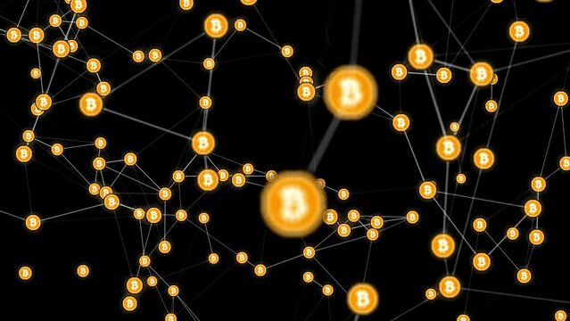 Bitcoin or crypto network animation on black background.