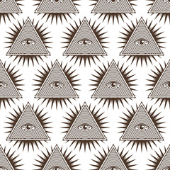 Eye in the triangle, pyramid vector icon. Seamless pattern. The sign of the third all-seeing eye. Esoteric symbol of intuition. Human design, yoga, hindu. Conspiracy theory of masons illustration