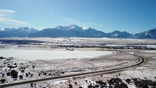 Reveal of Colorado mountain highway 285 from the Collegiate Peaks overlook, aerial