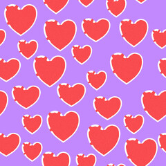 Seamless pattern of red hearts with a white stroke and texture on a lilac background for textile.
