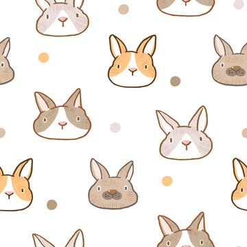 Seamless Pattern of Hand Drawn Rabbit Face Design on White Background