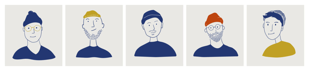 a set of hand-drawn male faces in hats (you can edit the colors of all elements)
