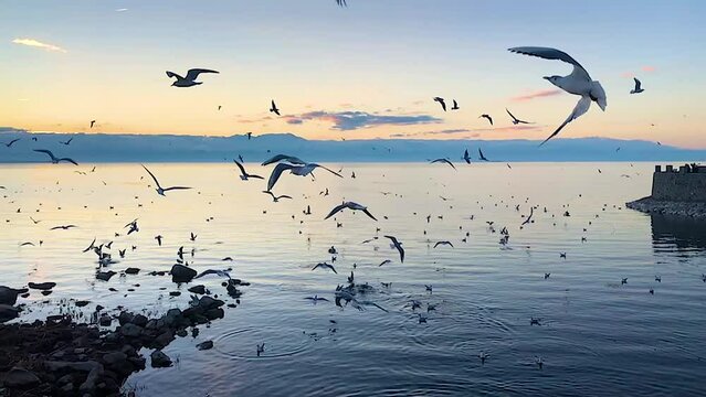 flight of seagulls by the lake at sunset