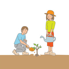 植林活動をする夫婦