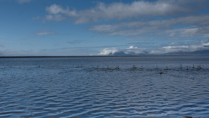 Beautiful view of a lake and mountain landscape in Iceland in the sunset