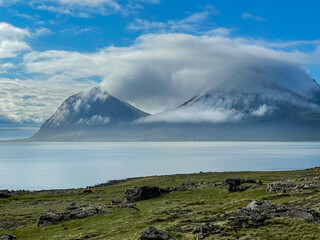 Beautiful view of a lake and mountain landscape in Iceland in the sunset
