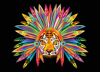 Tiger Häuptling mit Federschmuck in bunten Farben