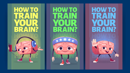 How to train brain banners with cute sport character. Vector posters of human mind health and intellect with cartoon illustration of happy brain doing workout, study with phone and greeting